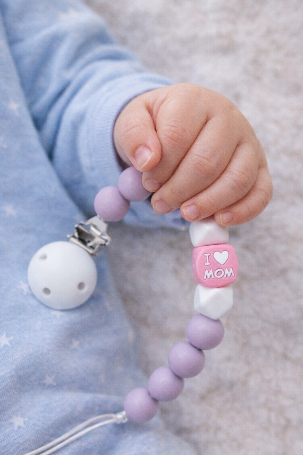 Outseam Pacifier Clip I Love Mom in Grey — handmade pacifier holder