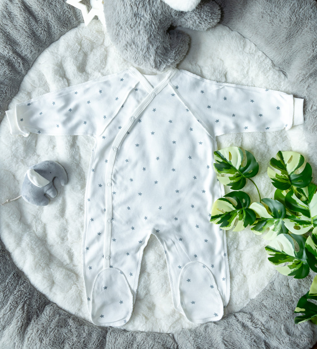 Outseam Sleepsuit Outseam - Grey Stars — soft cotton baby sleepsuit with outward seams
