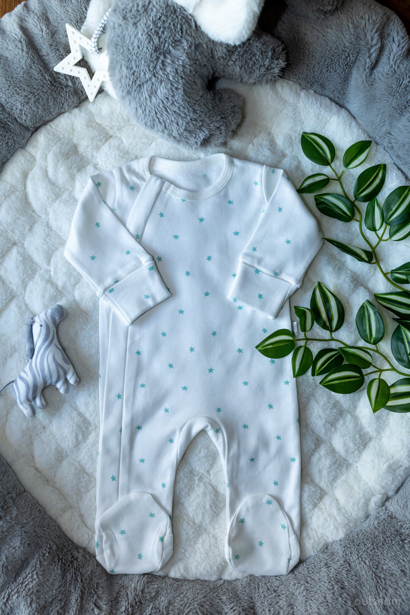 Outseam Sleepsuit Zipper - Mint Stars — soft cotton baby sleepsuit with outward seams